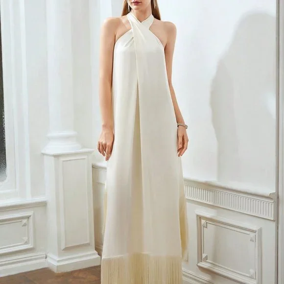 BEIGE PREPPY WOMENS FRINGE HEM CROSS HALTER DRESS - Picture 2 of 5